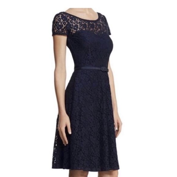 White House Black Market Dresses & Skirts - WHBM Womens Navy Lace Overlay Sleeveless Belted Fit Flare Dress Sz 10